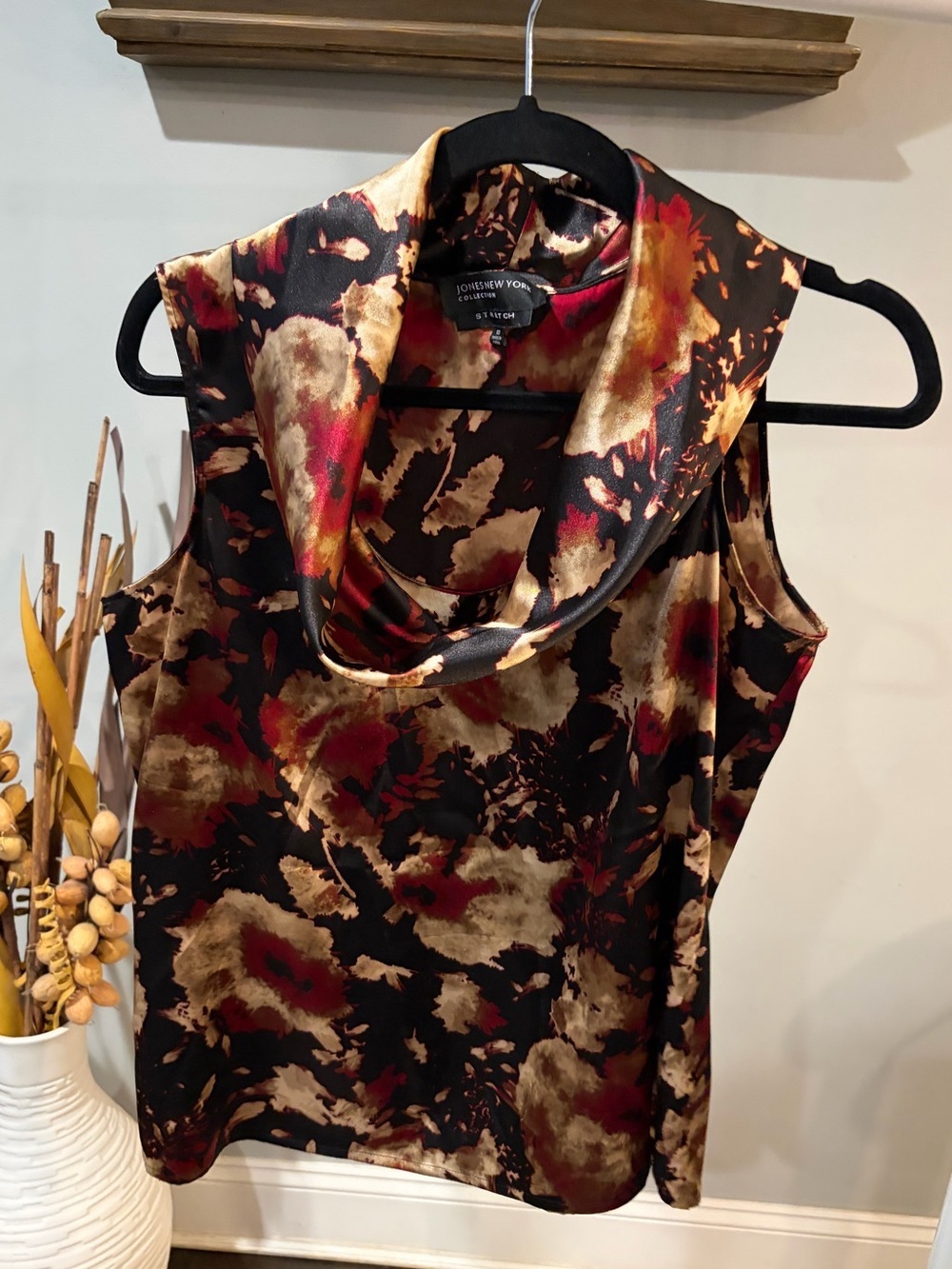 Jones New York Black Satin Top with Gold & Burgundy Abstract Print size 10 / med